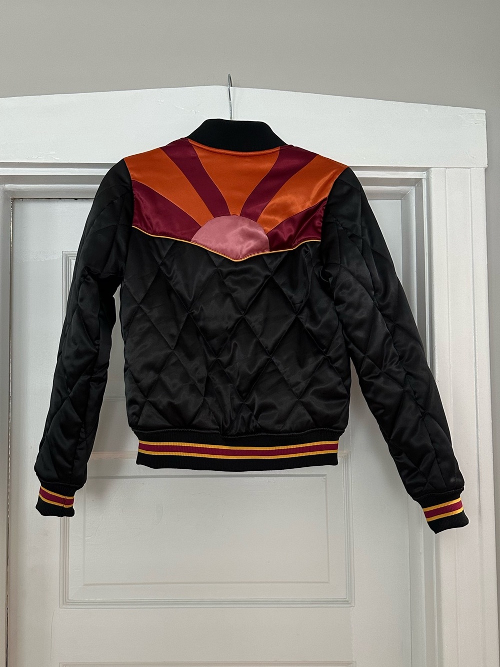 Black Quilted Bomber Jacket with Sunset Colorblock